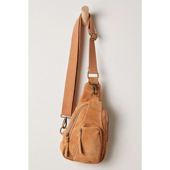 Free People Hudson Sling Bag Pirate Gold Camel Taupe Suede Leather Mini Backpack - Picture 1 of 11